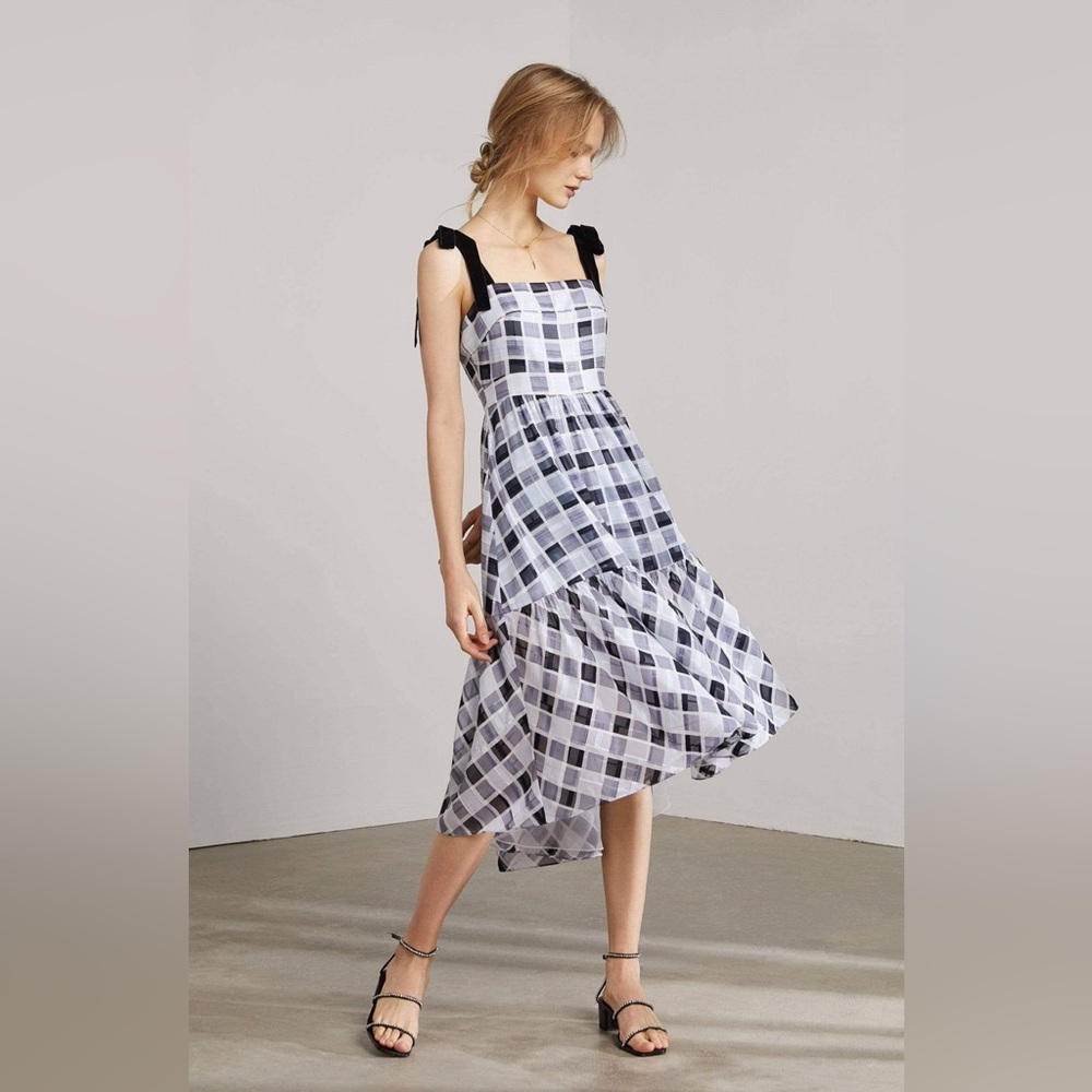 J.ING romantic blue white black Plaid Midi Dress with velvet straps size Small